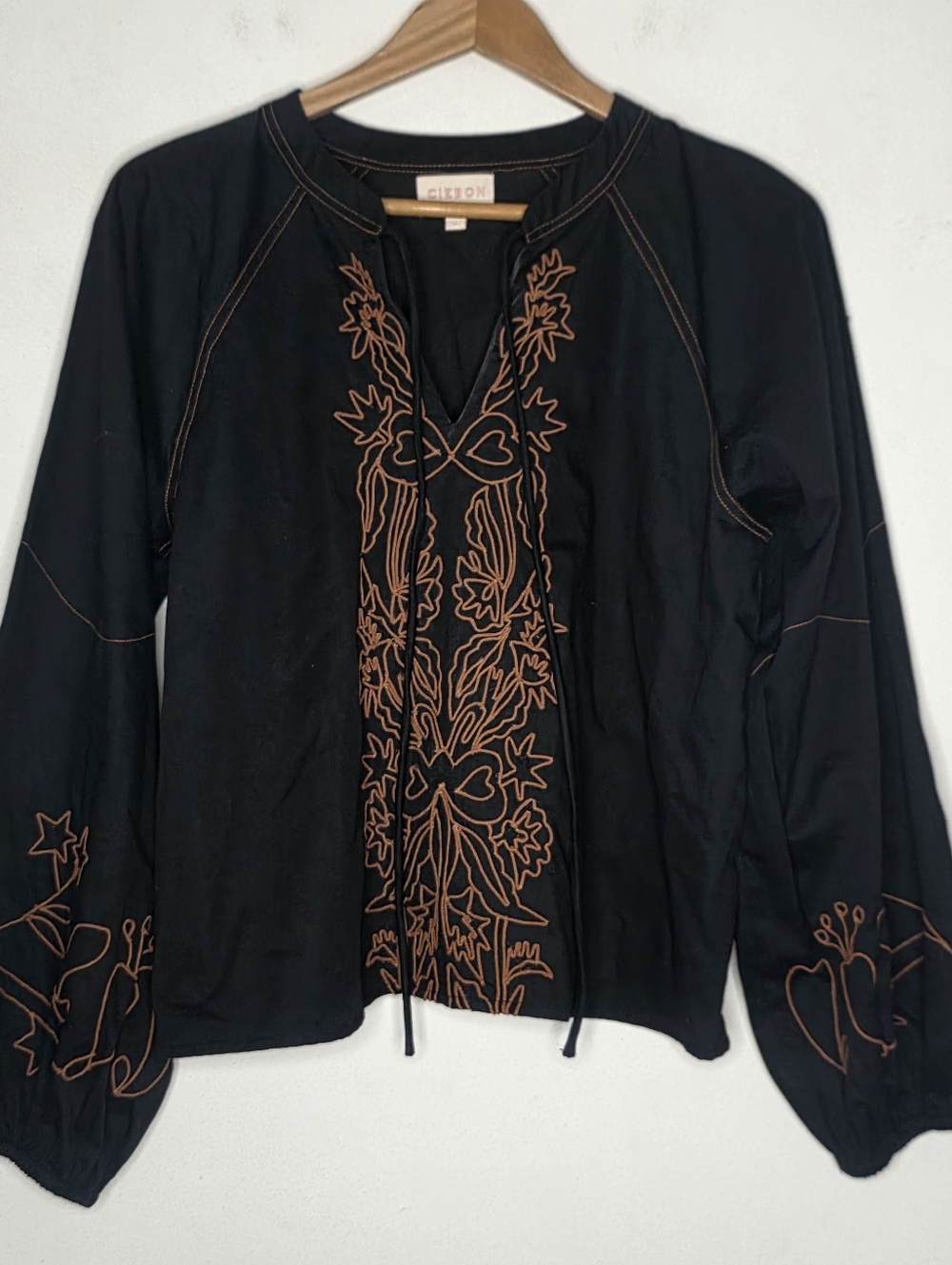 Ciebon Black Embroidered Long Sleeve Womens Top Size Small S